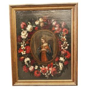 Tableau ancien du XVIIe siècle Vierge à la guirlande de fleurs, Rome