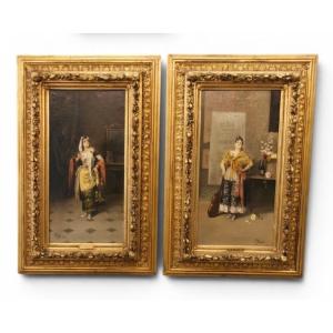 Paire de tableaux du XIXe siècle de P. Duval Femmes gitanes andalouses Espagne
