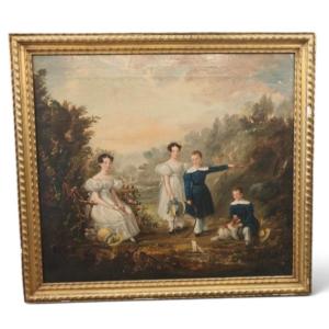 Large 19th-century Painting: Portrait Of Children In A Landscape