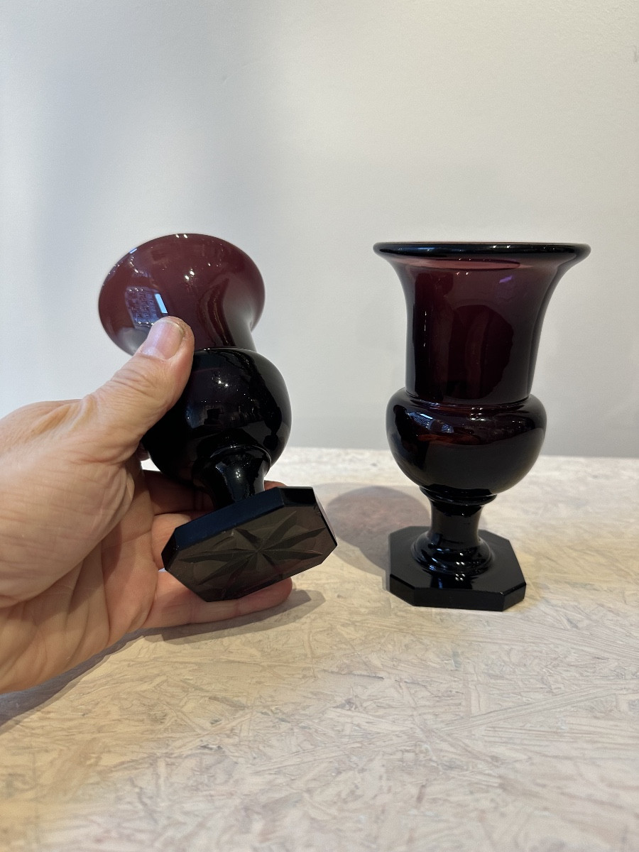 Pair Of Small Purple Glass Vases, 19th Century-photo-2