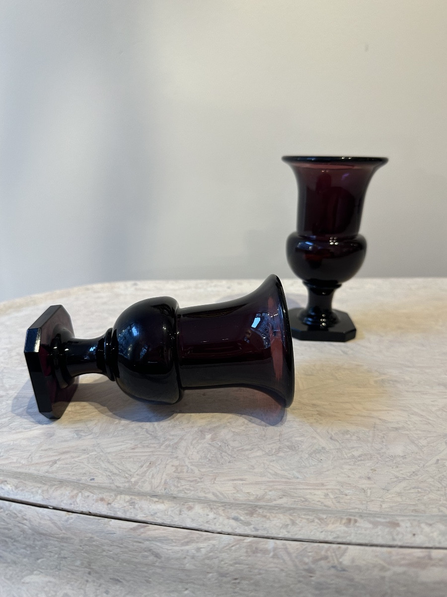 Pair Of Small Purple Glass Vases, 19th Century-photo-3