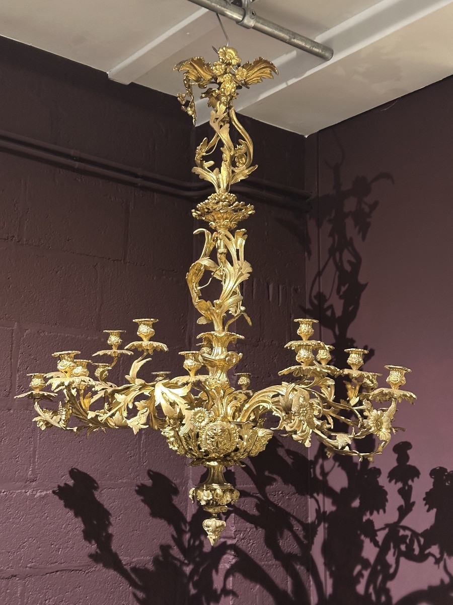 lustre Rocaille. 20 bras en bronze XIXe-photo-3
