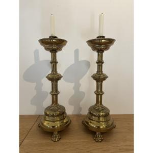 Pair Of 19th-century Neo-gothic Style Bronze Candlesticks