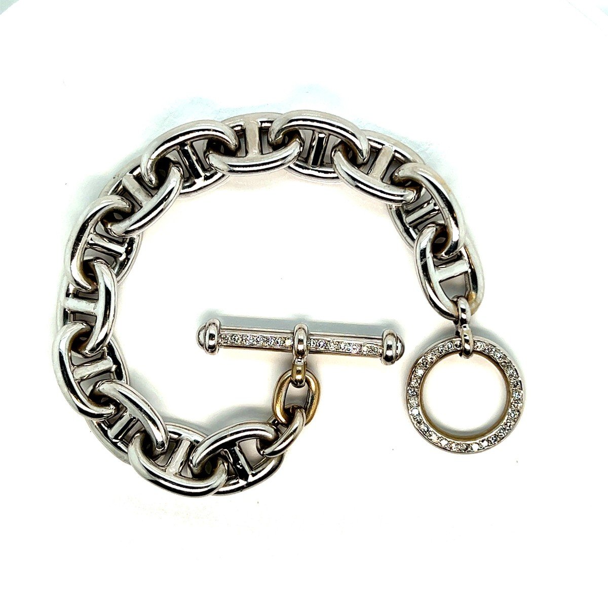 White Gold Bracelet, Mesh "navy", Clasp "bâtonnet", Paved With Diamonds-photo-4