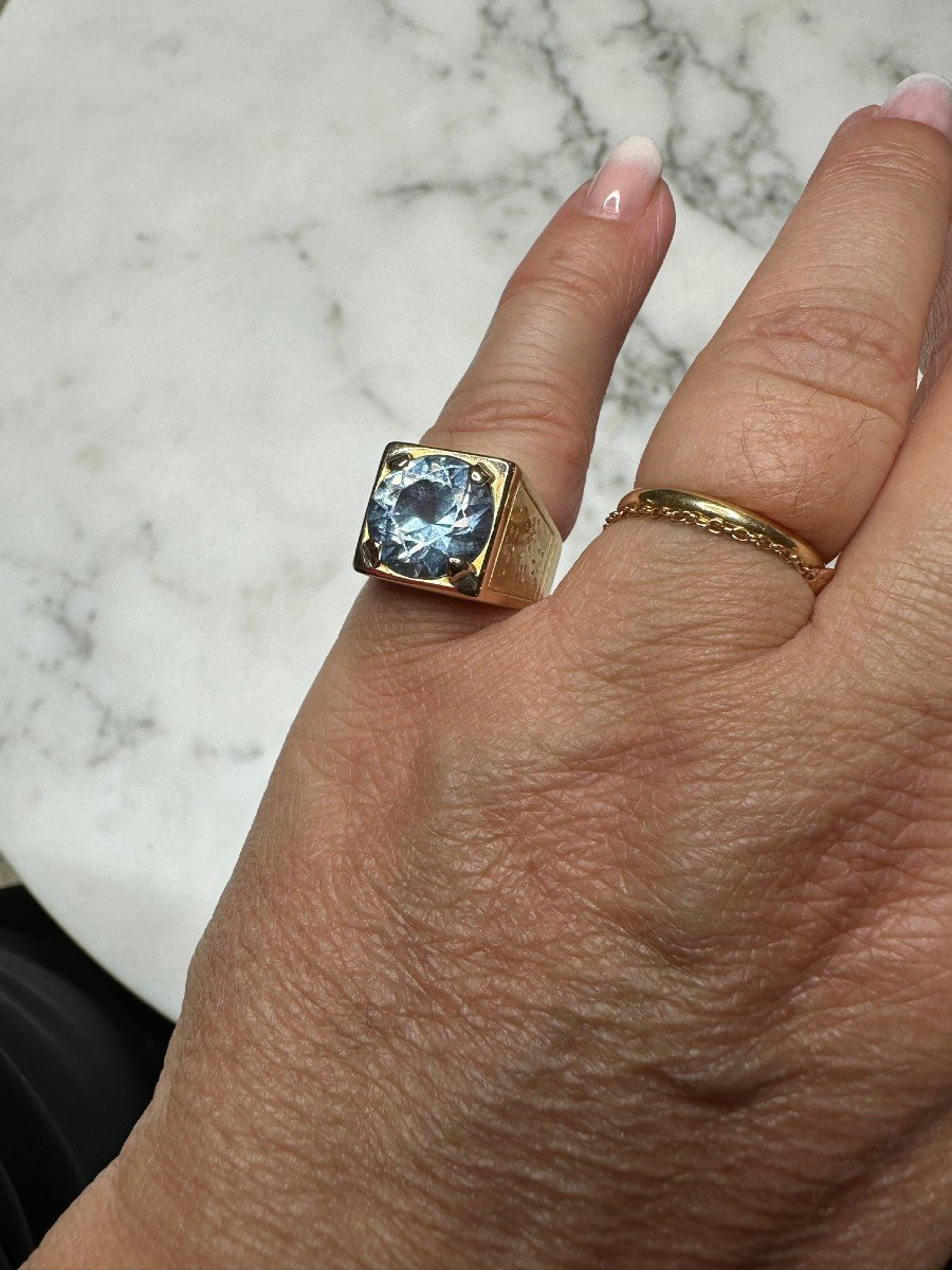Chevalière Style Français Aigue Marine Or Jaune 18 Carats-photo-3