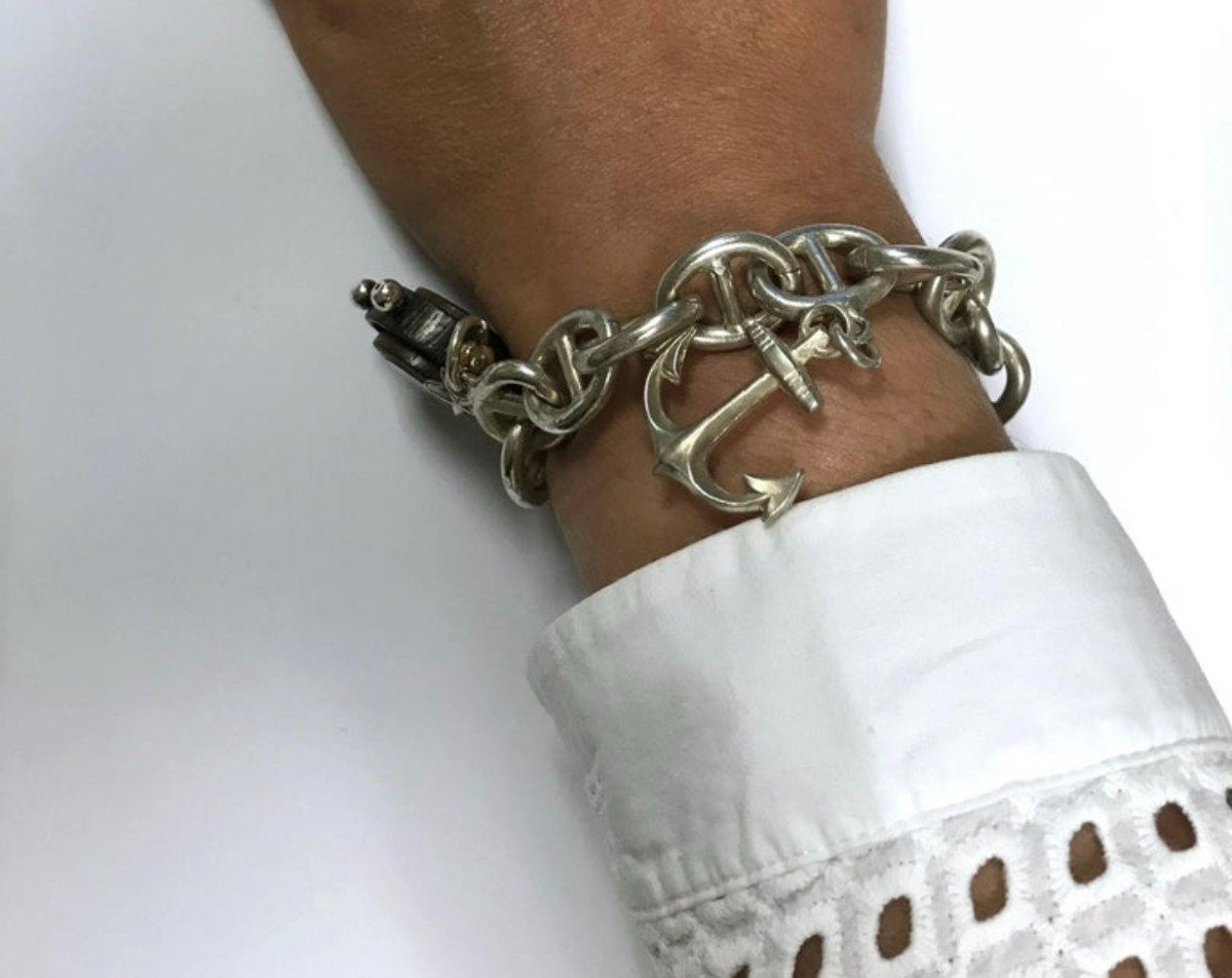 Silver Chain Bracelet Compass Boat Anchor Flag And Knot-photo-2