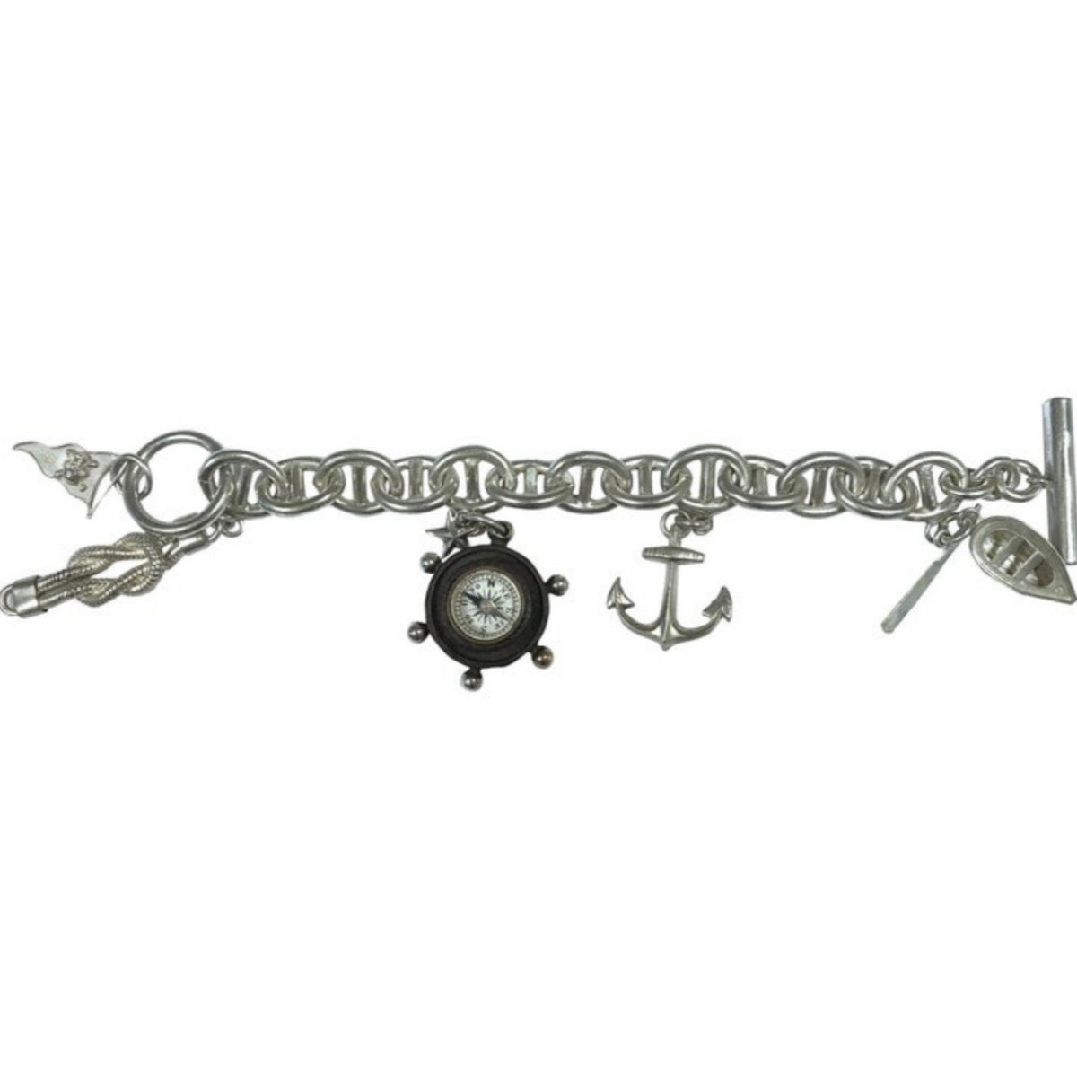 Silver Chain Bracelet Compass Boat Anchor Flag And Knot