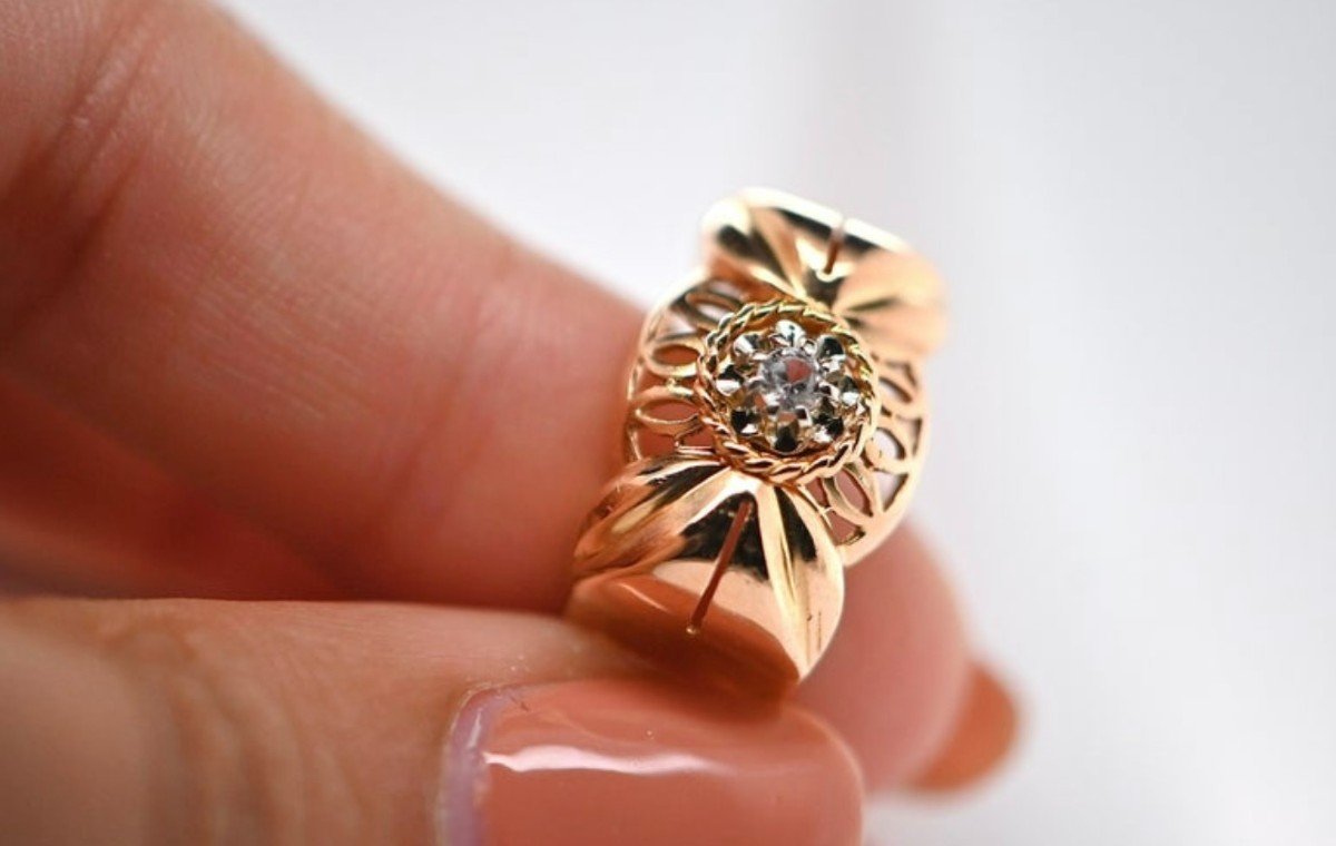 Bague Rétro Style Art Déco Circa Années 1950 Quartz Blanc Or Rose 18 Carats-photo-2