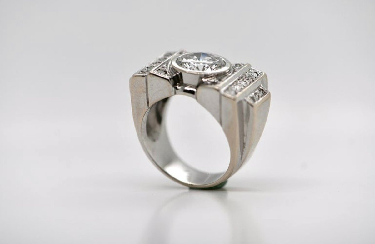 Art Deco Wedding Ring 21 Diamonds 2.5 Karat 18 Karat White Gold-photo-2