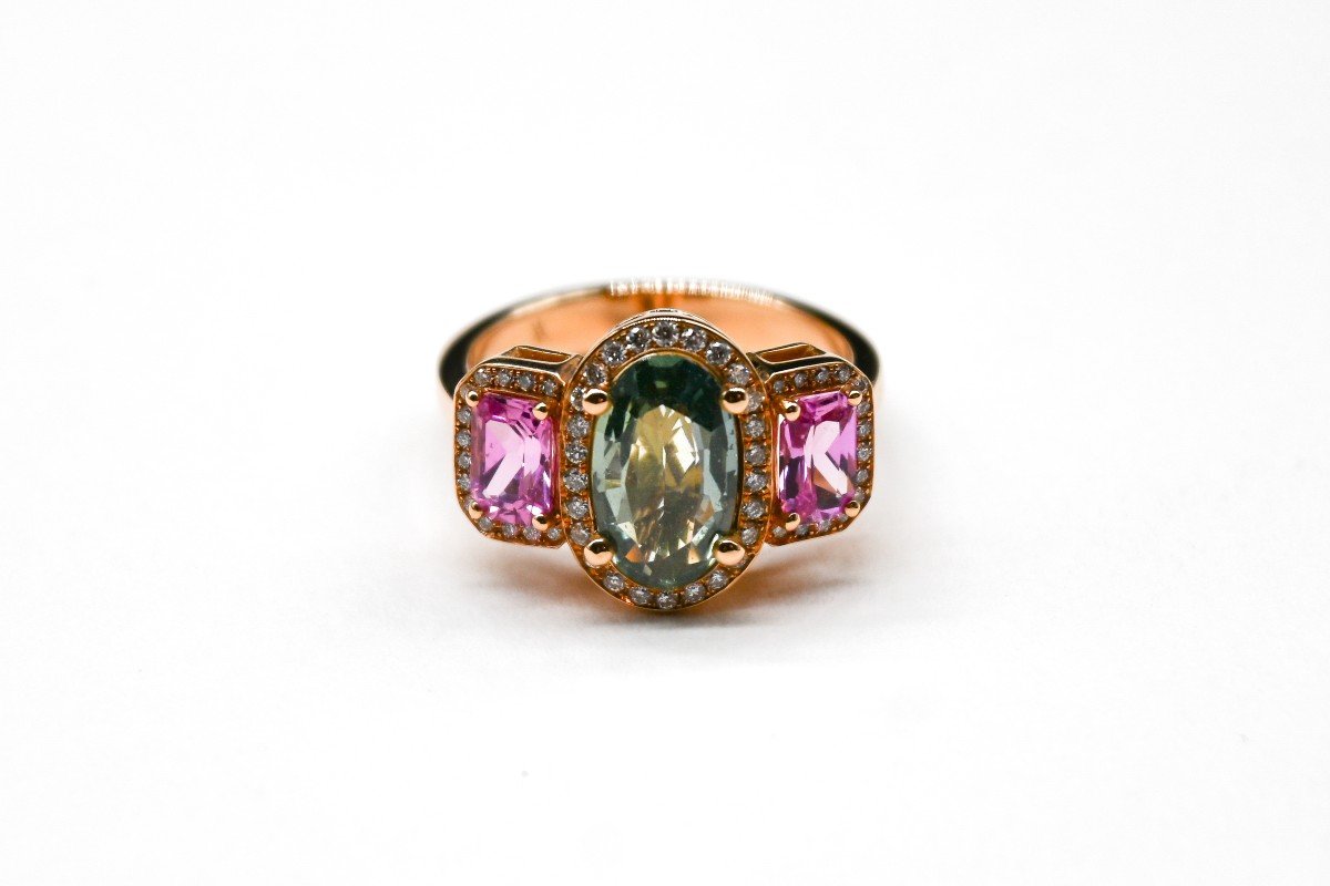 Cocktail Ring 18 Carat Rose Gold Green Sapphire Pink Sapphire And Diamonds-photo-2