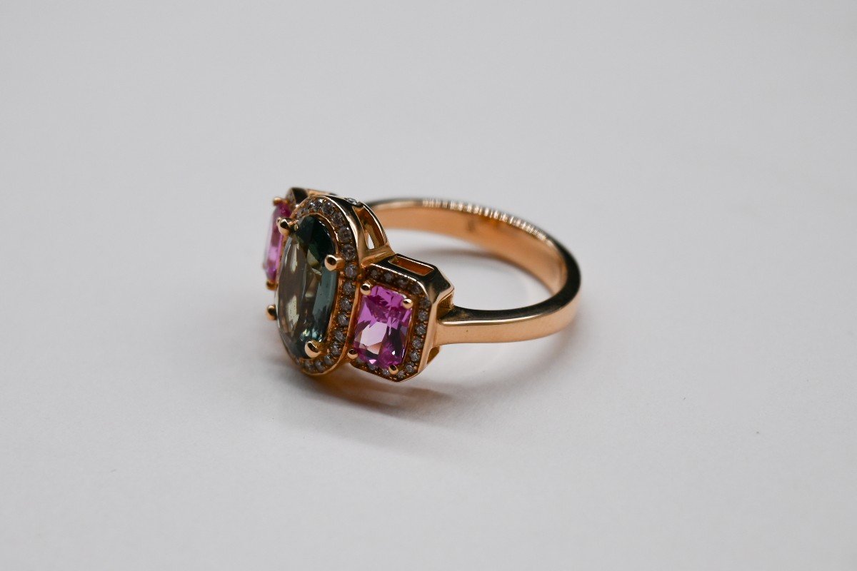 Cocktail Ring 18 Carat Rose Gold Green Sapphire Pink Sapphire And Diamonds-photo-3