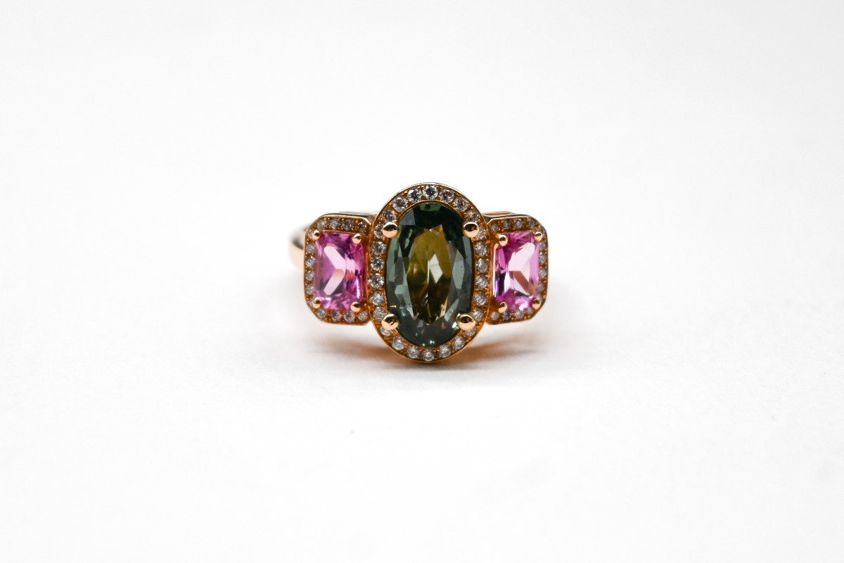 Cocktail Ring 18 Carat Rose Gold Green Sapphire Pink Sapphire And Diamonds-photo-2