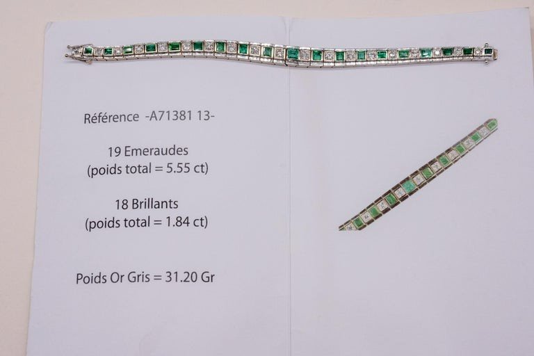 Bracelet Art-déco, Or Blanc, Diamants émeraudes-photo-1