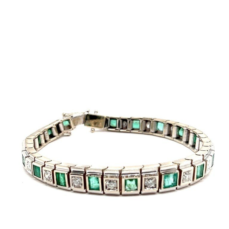Bracelet Art-déco, Or Blanc, Diamants émeraudes-photo-3