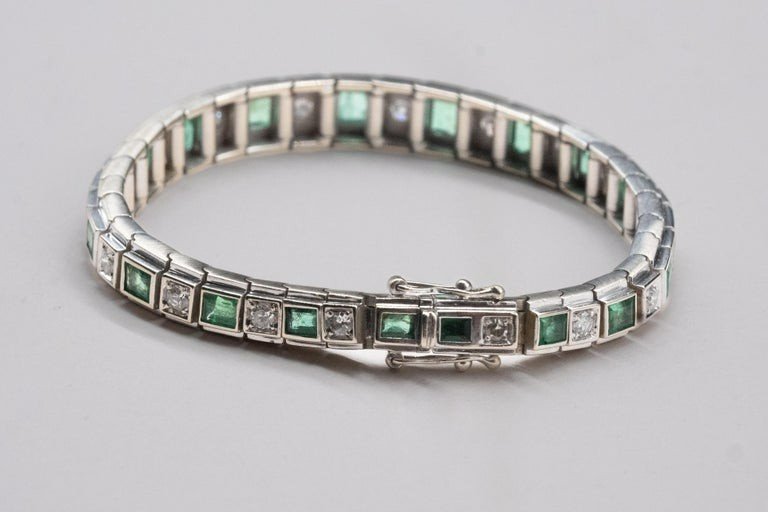 Bracelet Art-déco, Or Blanc, Diamants émeraudes-photo-5