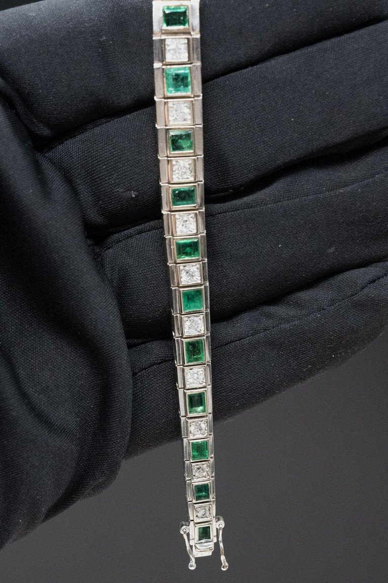 Bracelet Art-déco, Or Blanc, Diamants émeraudes-photo-7