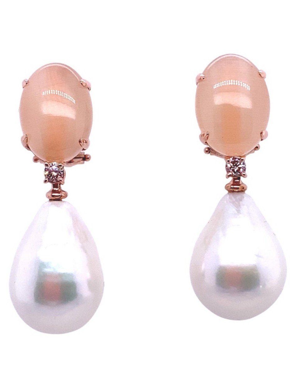 Boucles d'Oreilles En Or Rose 18 Carat , Perle Peachmoons Et Diamants 0,14 Carat