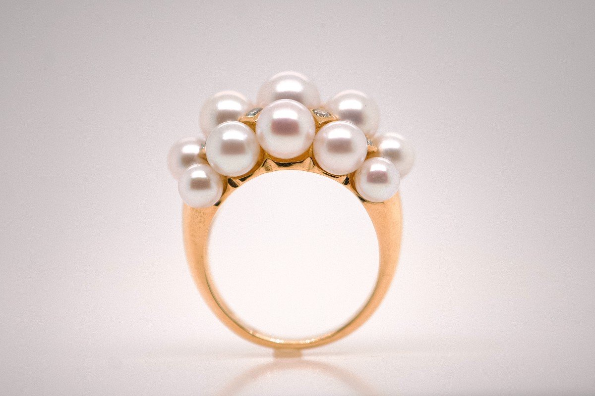 Bague En Or 18 Carats Ornée De Perles Et De Diamants De 0,180 Carats-photo-1