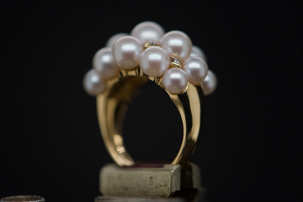 Bague En Or 18 Carats Ornée De Perles Et De Diamants De 0,180 Carats-photo-2