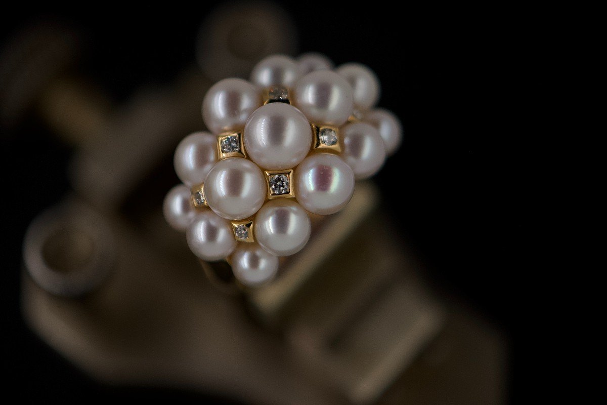 Bague En Or 18 Carats Ornée De Perles Et De Diamants De 0,180 Carats-photo-3