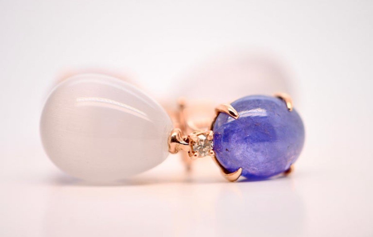 Boucles d'Oreilles En Or 18 Carats Tanzanites Et Diamants 0,14 Carats-photo-2