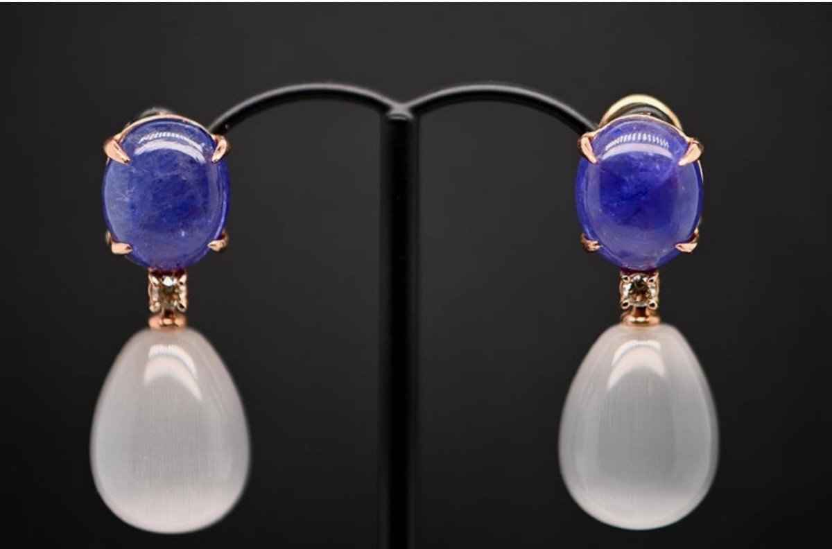 Boucles d'Oreilles En Or 18 Carats Tanzanites Et Diamants 0,14 Carats-photo-3