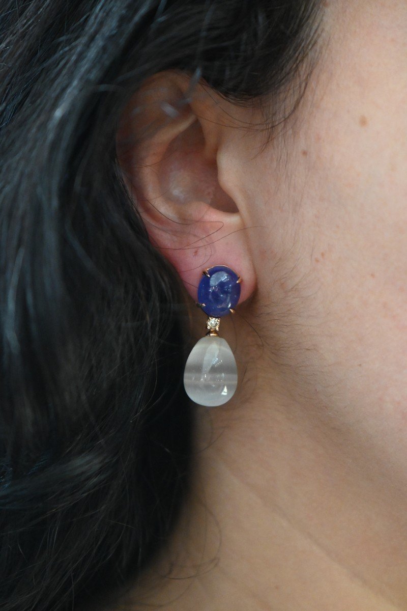 Boucles d'Oreilles En Or 18 Carats Tanzanites Et Diamants 0,14 Carats-photo-2