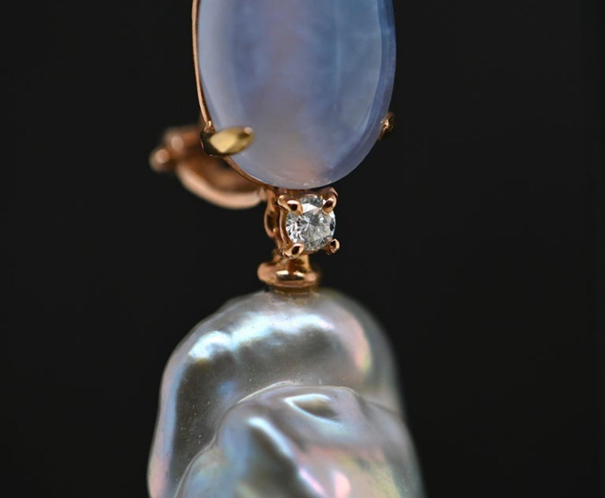 Chalcedony And Baroque Pearl Earrings Decorated With Diamonds-photo-4
