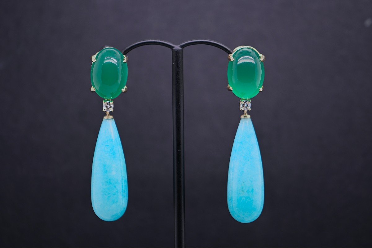 Boucles d'Oreilles En Or 18 Carats Avec Agate Verte Et Amazonite Ornées De 0,14 Carats d'Or. -photo-3