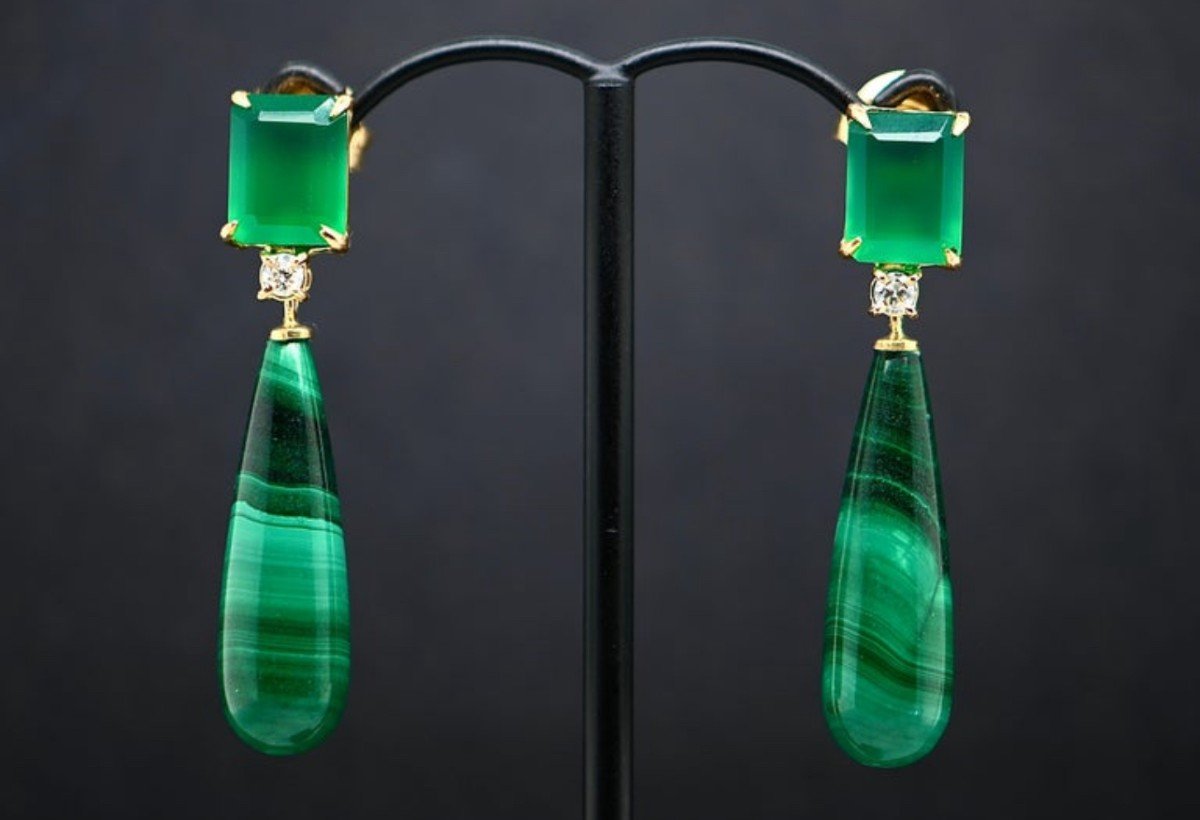 Boucles d'Oreilles En Malachite Et Agate Verte Ornées De Diamants De 0,14 Carat-photo-2