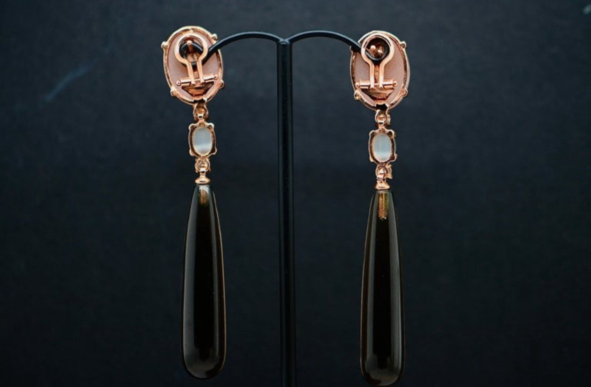 Boucles d'Oreilles En Quartz Fumé Et Agate Noire Ornées De Diamants De 0,32 Carat-photo-4