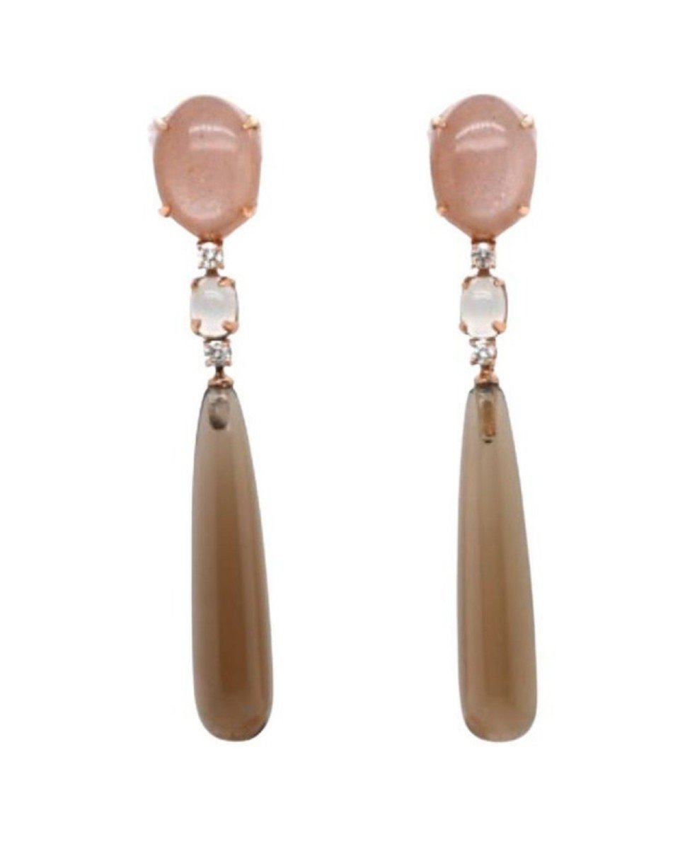Boucles d'Oreilles En Quartz Fumé Et Agate Noire Ornées De Diamants De 0,32 Carat