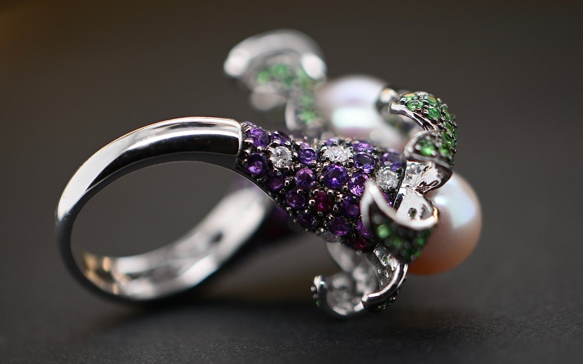 Cultured Pearl Cocktail Ring Emerald Amethyst Ruby Diamonds 18k White Gold-photo-2