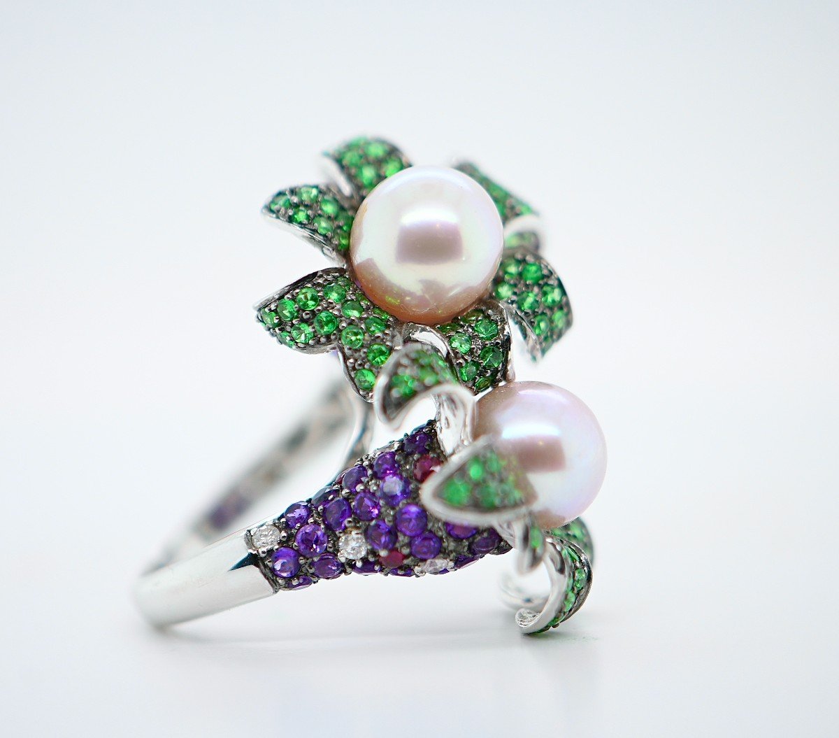 Cultured Pearl Cocktail Ring Emerald Amethyst Ruby Diamonds 18k White Gold-photo-3