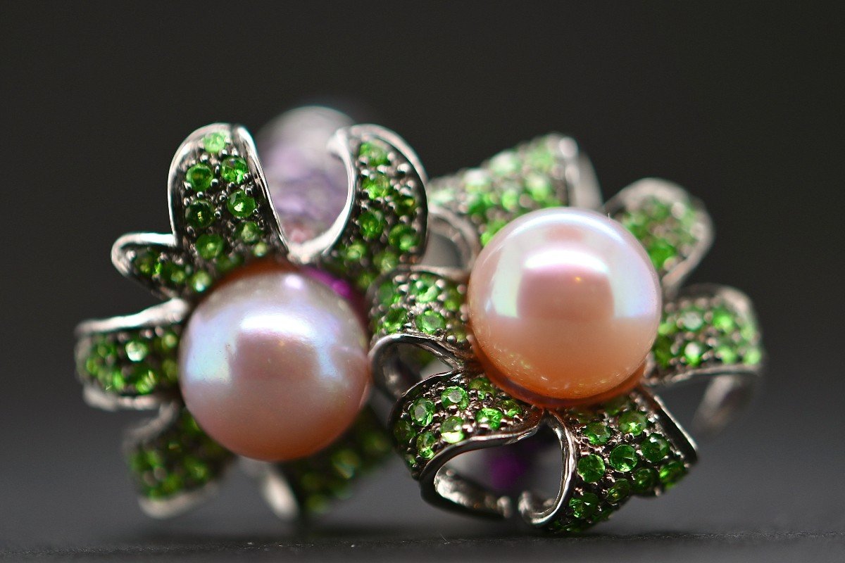 Cultured Pearl Cocktail Ring Emerald Amethyst Ruby Diamonds 18k White Gold-photo-1