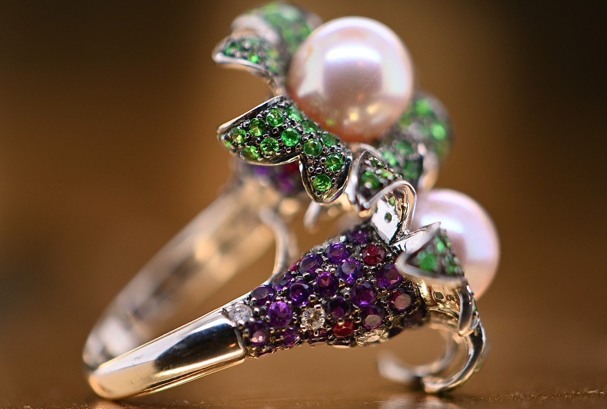 Cultured Pearl Cocktail Ring Emerald Amethyst Ruby Diamonds 18k White Gold-photo-2