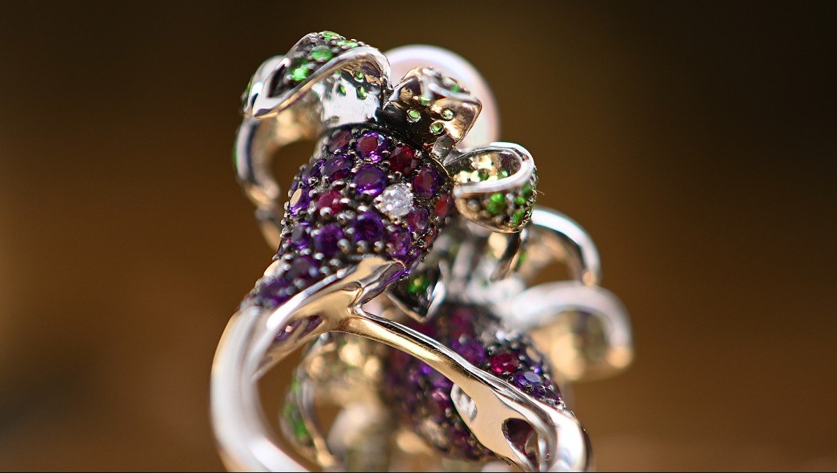 Cultured Pearl Cocktail Ring Emerald Amethyst Ruby Diamonds 18k White Gold-photo-3