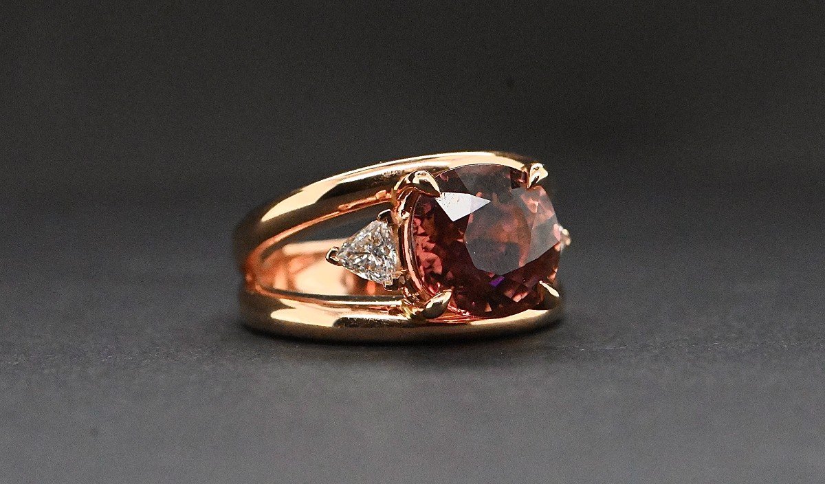 French Ring In Rose Gold Adorned With A Pink Tourmaline And 2 Troida Diamonds-photo-2