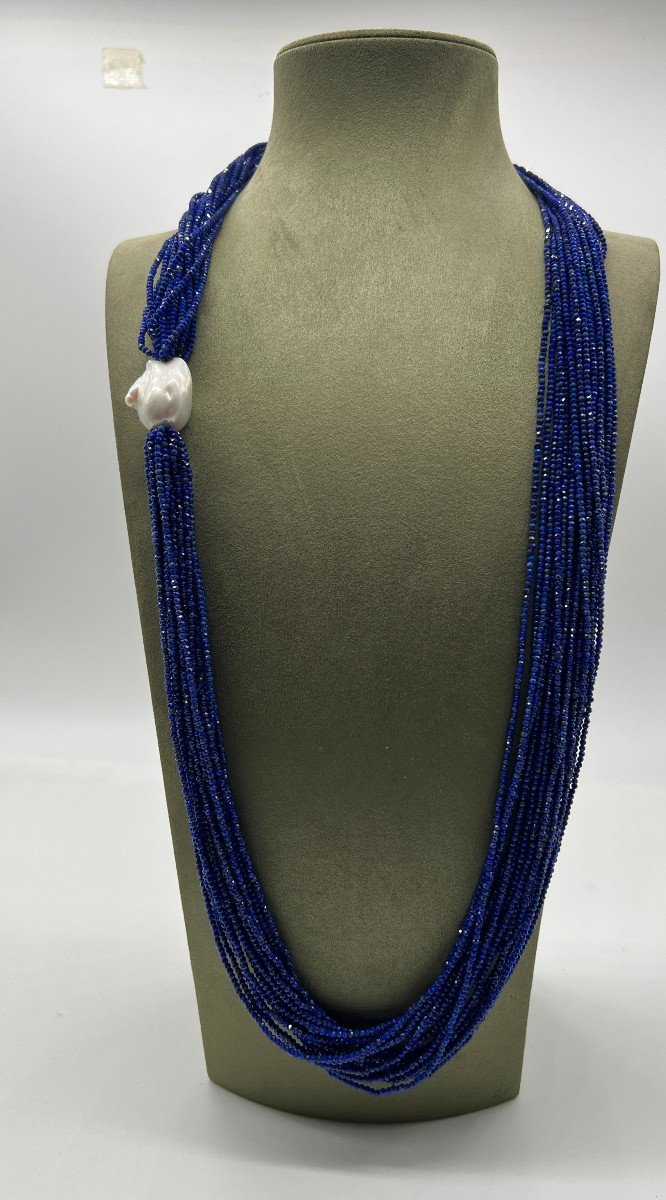 Collier Sautoir Lapis Lazulis Perle Baroque Fermoir Bakelit