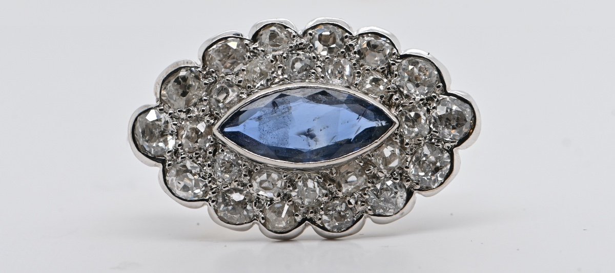 Broche Saphir Diamants Or Blanc 18 Carats