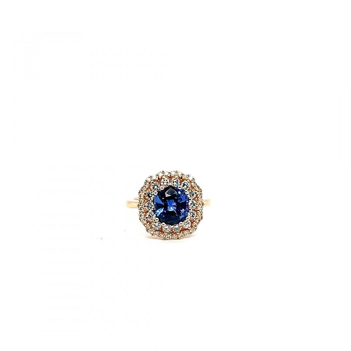 Bague En Or Rose 18 Carats Saphir Bleu Ceylan Taille Coussin Diamants 