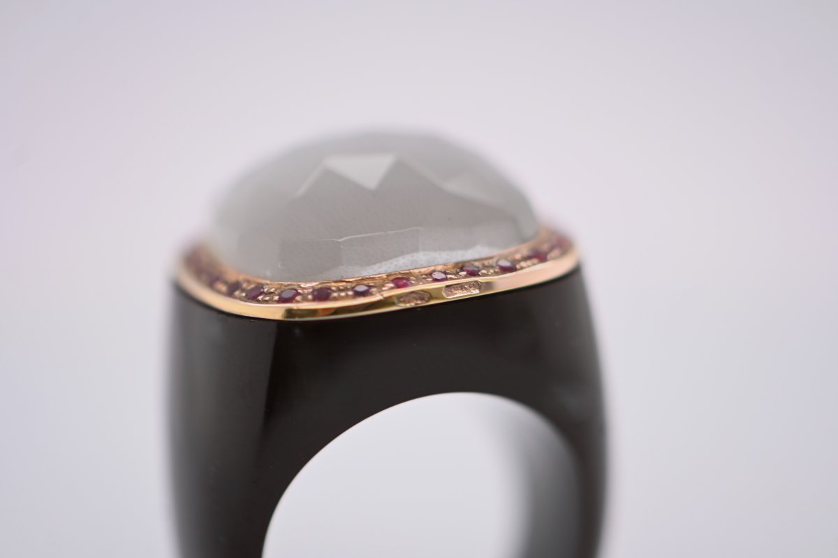 Vintage Ring In Gray Quartz, Ruby, 18k Yellow Gold And Bakelite-photo-5