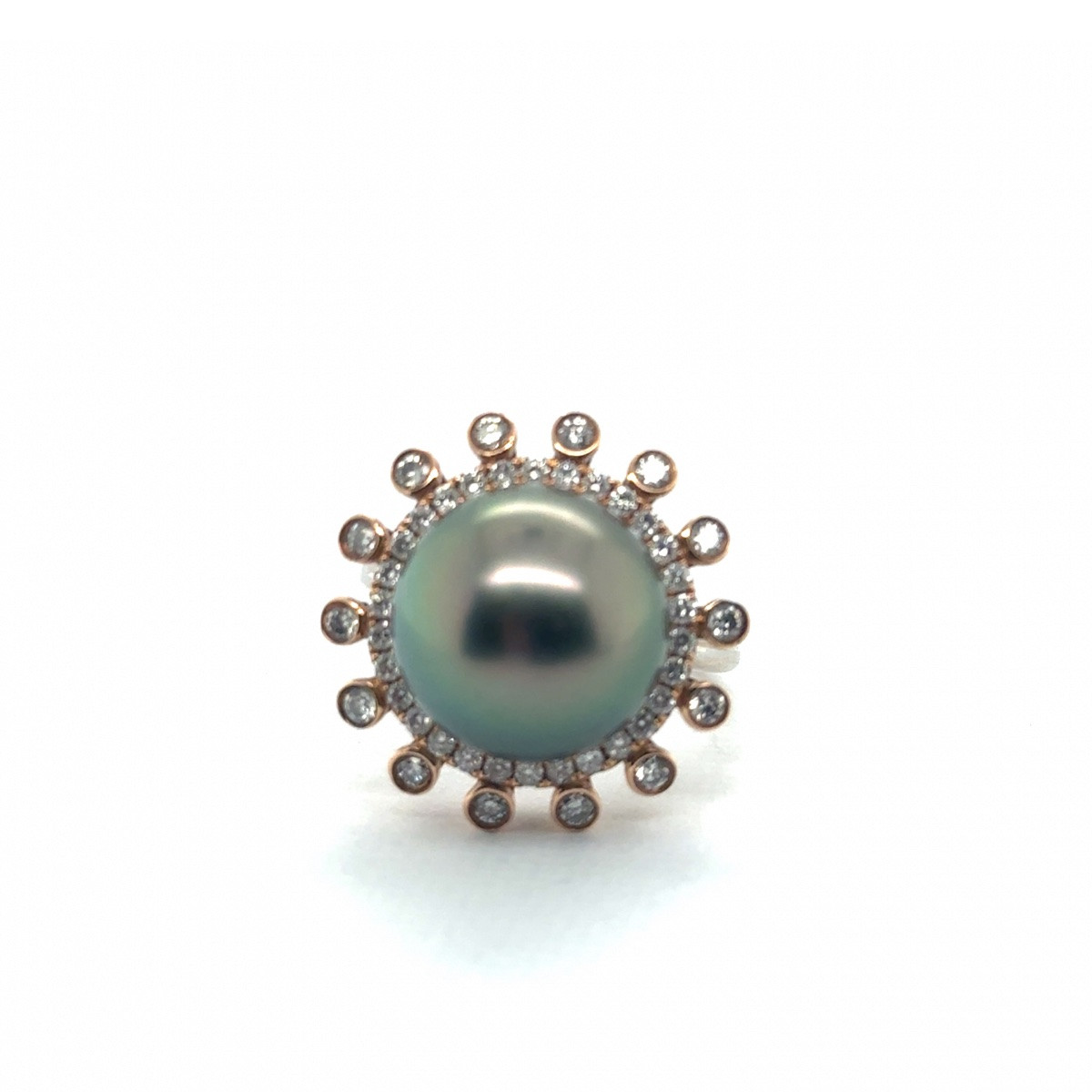 Bague Perle de Culture Grise et Diamants en Or Rose  Entourage Solaire Or Rose et Blanc 18 cara-photo-2