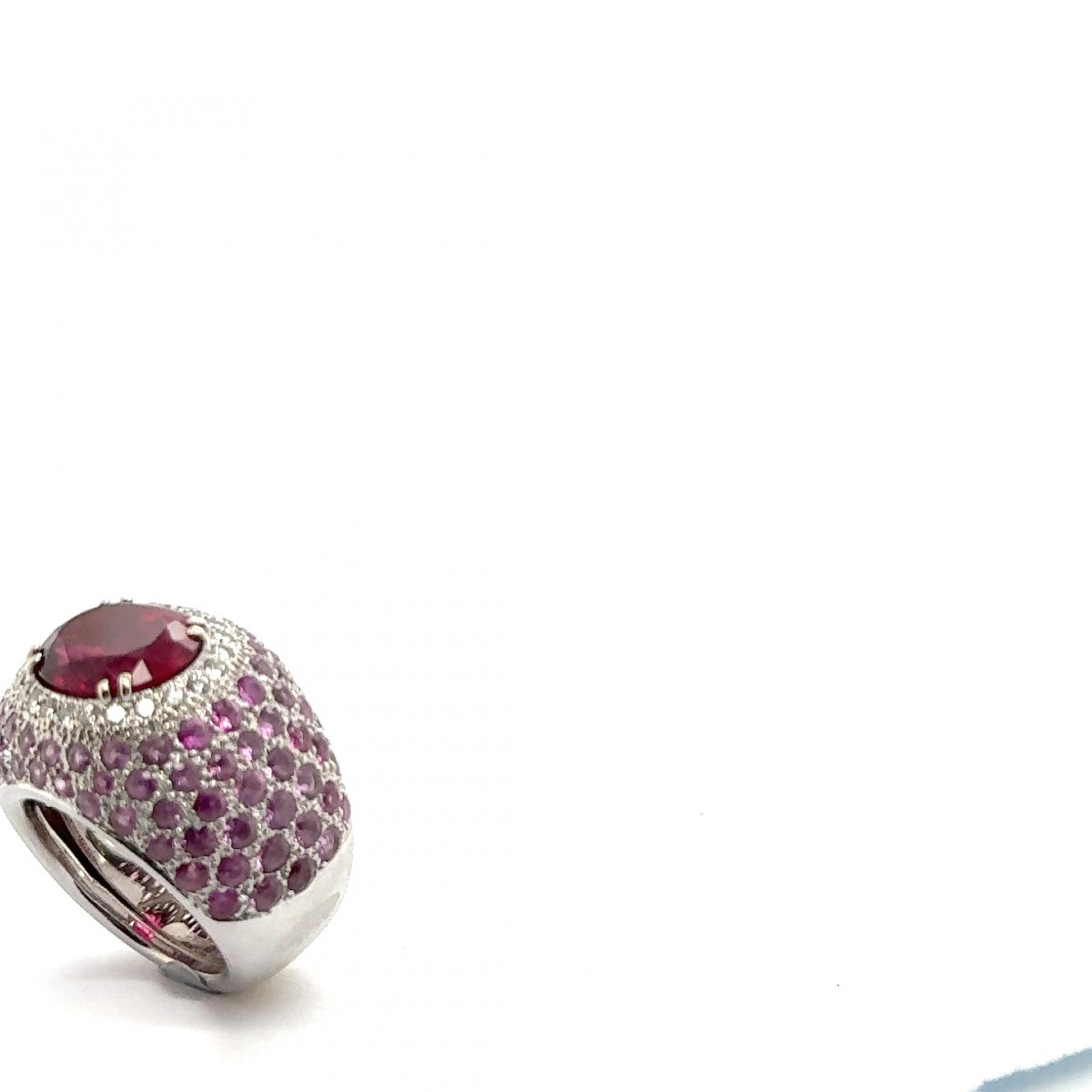 Dome Ring In White Gold, Oval Spinel, Paved With Pink Sapphires And Diamonds-photo-2