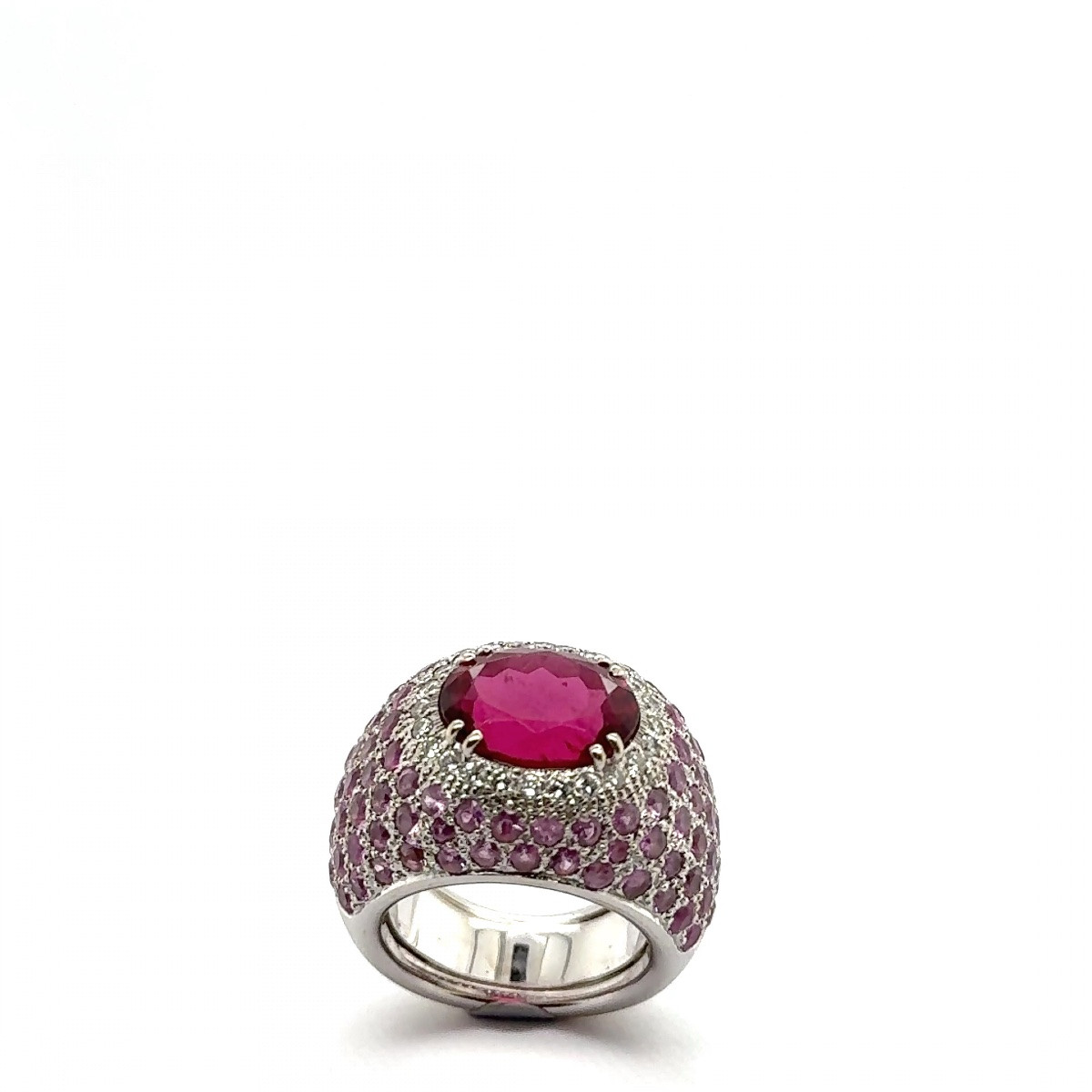 Dome Ring In White Gold, Oval Spinel, Paved With Pink Sapphires And Diamonds-photo-3
