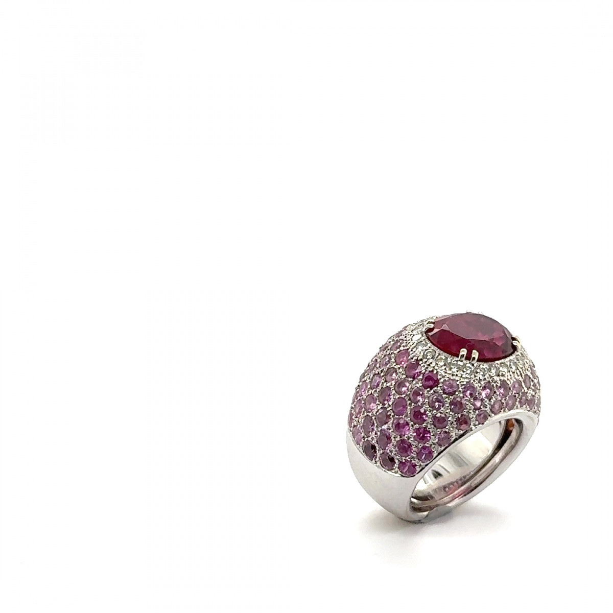 Dome Ring In White Gold, Oval Spinel, Paved With Pink Sapphires And Diamonds-photo-4