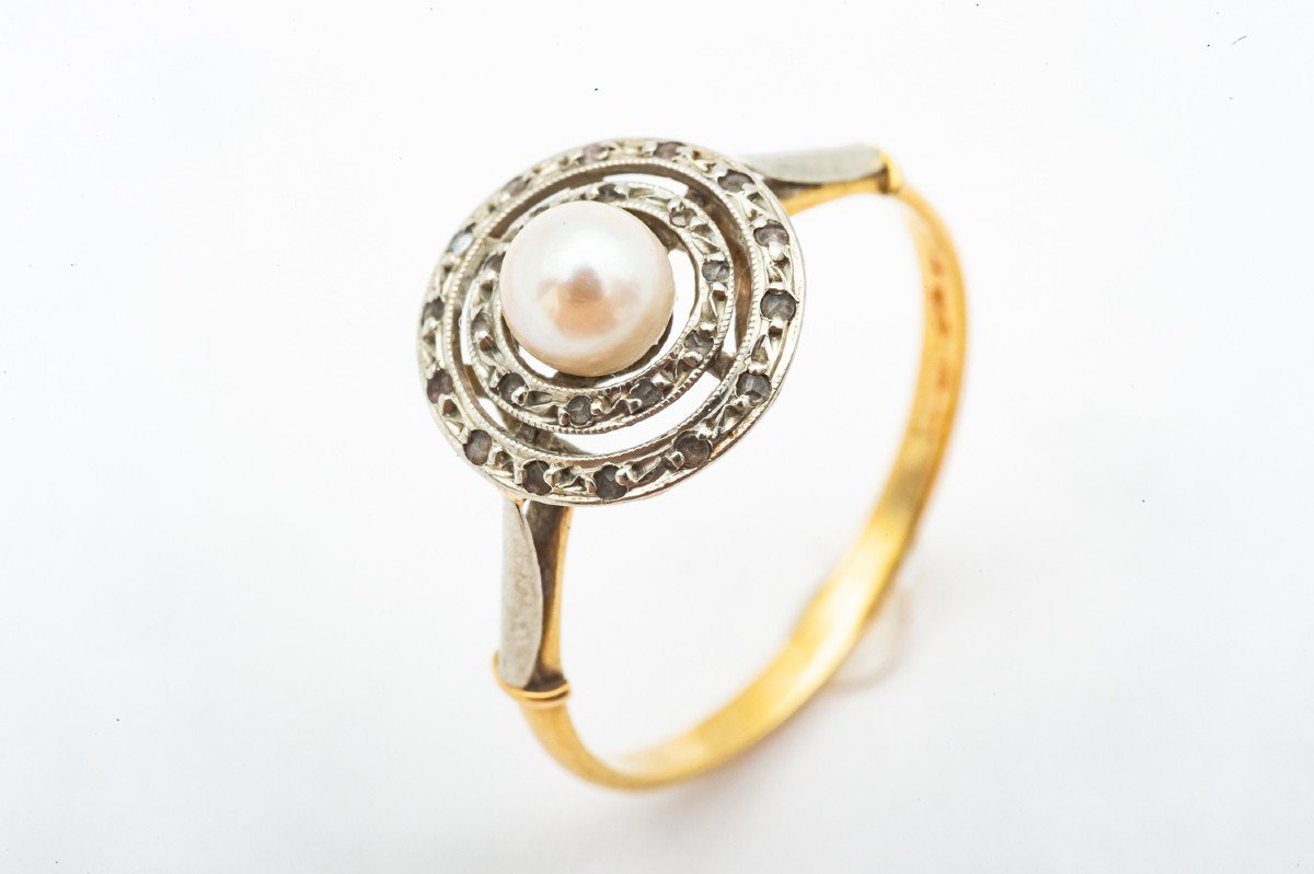 Diamonds Ring Fine Pearls Yellow Gold White Gold 18 Karat-photo-4