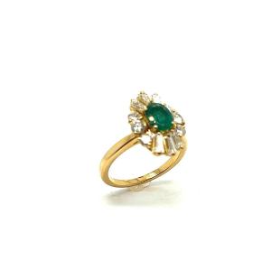 French Emerald Ring Oval Shape Set With 12 Diamonds In White Gold