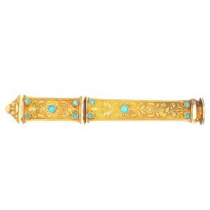 Gold Needle Box 18 Karat Finely Chiselled With Cabochons Turquoises