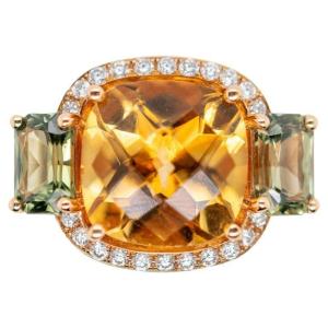 Bague Cocktail Or Rose 18 Carats, Citrine, Diamants, Saphirs